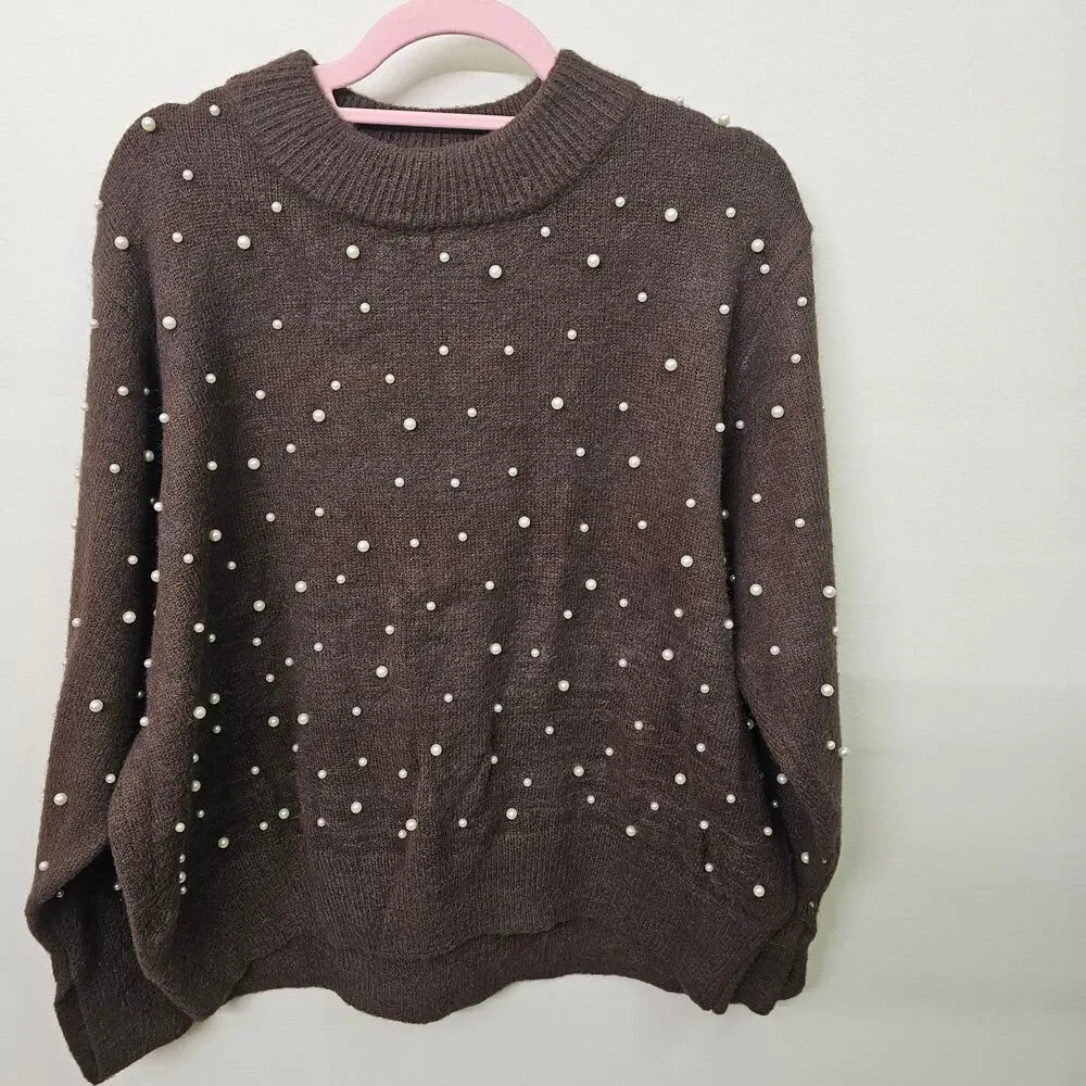 Warm Brown Sweater with Pearls Size S | City Chic - Picture 2 of 9